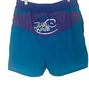 Vintage Tidal Wave Baggy Swim Trunks Mens Medium Blue Purple Mesh Liner Shorts